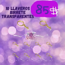 10 llaveros de birretes transparentes